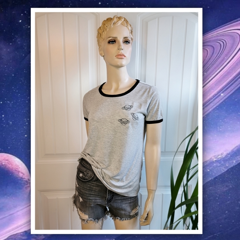 Darling Blue women's sz M heather gray ringer tee with embroidered plane… - Picture 2 of 7